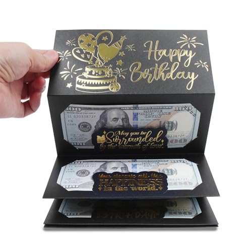 HOMANGA Birthday Money Envelope for Cash Gifts Surprise Cash Envelope for Men Women Kids Birthday Gift Card for Men Women Girls Boys Black Gold Money Holder