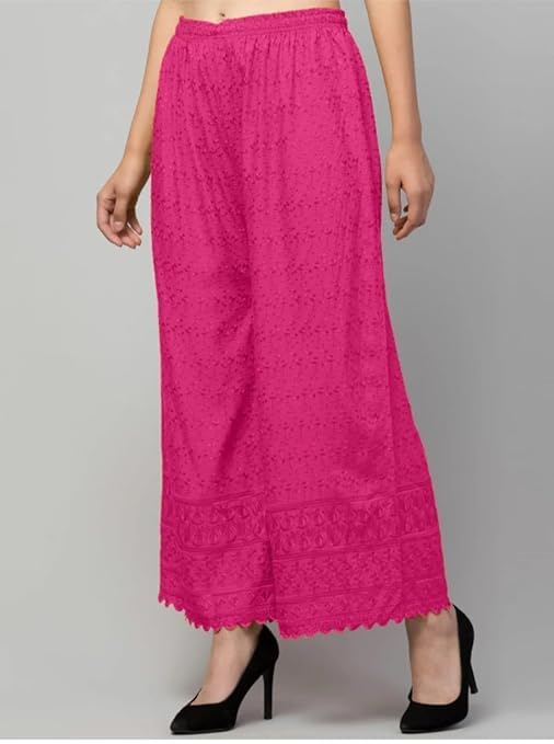 Image of Women's Palazzo Pants Rayon Trousers Chikankari Embroidered Lace Trim Wide Leg Straight Fit Flared Palazzo for Girls & Women
