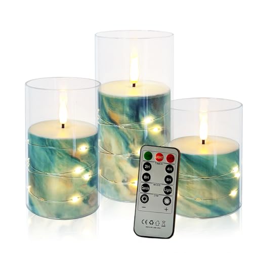 Image of Flickering Flameless Candles Blue Marble Embedded Star String Lights, Battery Operated Acrylic LED Pillar Candles with 11-Key Remote and Timer for Home Decoration, 3 Pack