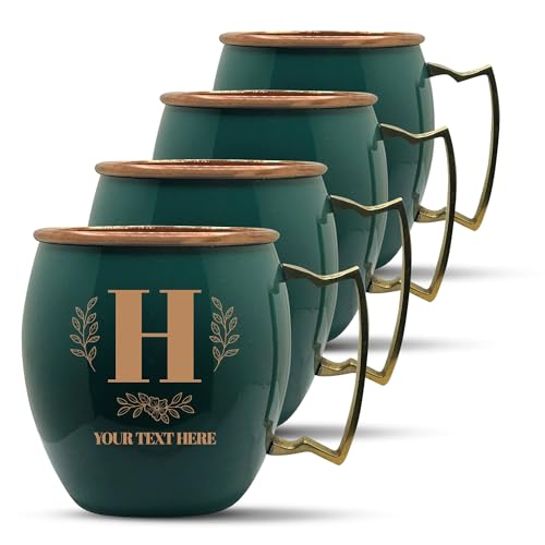 Custom Copper Moscow Mule with Smooth Painted Finish - Engraved Bar Style 100% Copper Cup with Personalized Bold Leaf Letter Monogram Themed Engraving, Brass Handle | 18 oz, Green | Set of 4