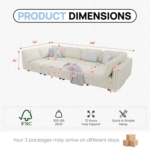 Image of 128 inch Cotton Linen Modular Sectional Sofa Bed with Hidden Storage, 8 Seat Convertible L U Shaped Sleeper Couch with Ottoman Chaise, Farmhouse Modular Sectional Couch with Removable Cover for LivingRoom