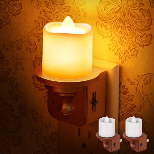 Image of Briignite Candle Night Light, Amber Night Lights Plug into Wall 2 Pack, LED Vintage Night Light with Light Sensor, 0-100LM Dimmable Nightlight Plug in, Nightlight for Kids Hallway Bathroom Bedroom