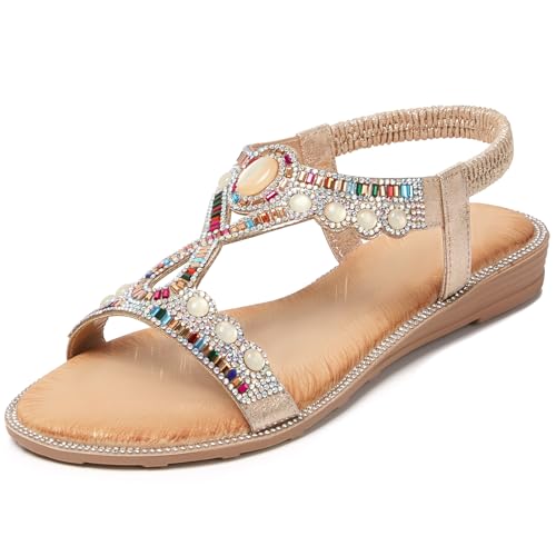 Image of iCKER Womens Rhinestone Strappy Flat Sandals Elastic Ankle Strap Open‑Toe | Sparkling,for wedding,party,evening dates,special occasion,Vacation,Formal