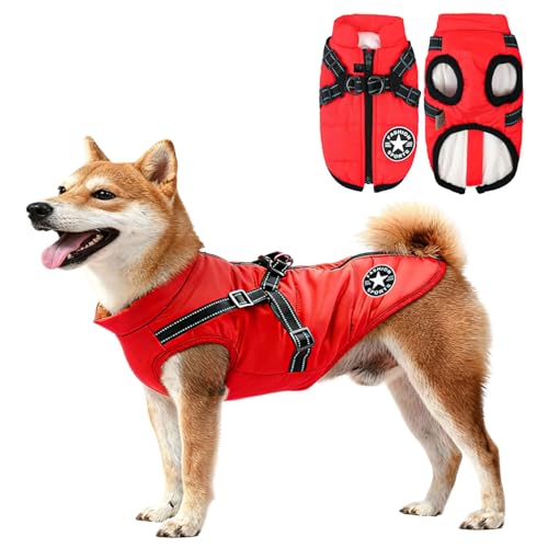 Hundejacke Winterweste Jacken, Hundejacke mit Geschirr, Hundemantel Wasserdicht, Warmer Hunde Wintermantel, Hunde Winterweste gefüttert, Maschinen Waschbarer, Wasserdicht (XL, Rot)