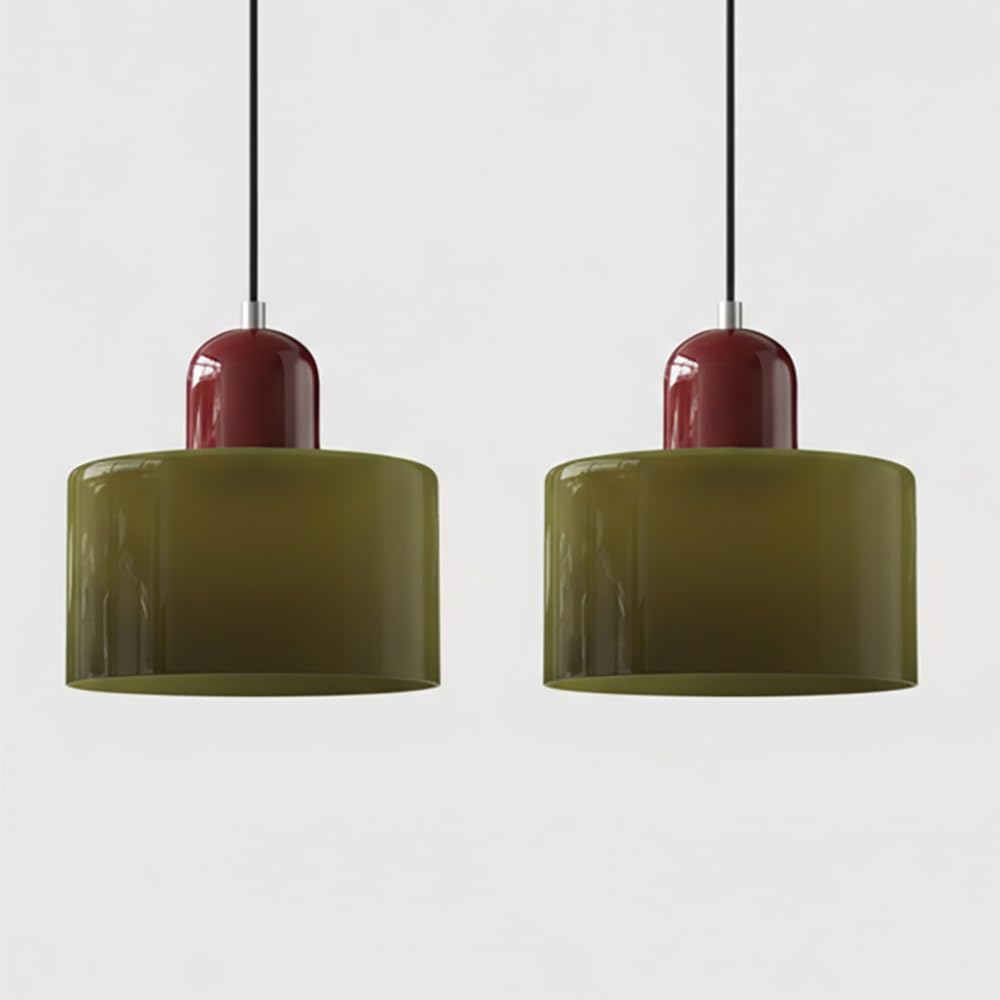 Pendant Lights Fixture Nordic Glass Pendant Lamp Cylindrical Hanging Lighting Adjustable Modern Lamp for Kitchen Island Bedroom Bedside(Green(Red) 2 Pack)