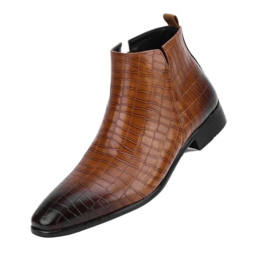 Men's Leather Print Slip On Chelsea Dress Boots Fashion Comfortable High Top Pointed Toe Business Casual Dress Ankle Boots Formal Wedding Party Oxford Booties