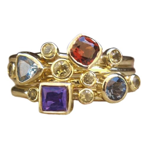 ENDLESSNESS & ETERNITY Colorful Gemstone Multi Colour 14K Gold Plated Wedding Band Ring Chunky Statment Band Ring