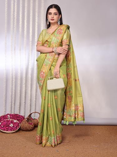 Image of SWORNOF Gold-Toned Woven Design Silk Zari Tissue Saree | Saree for Women | Soft and Skin Friendly