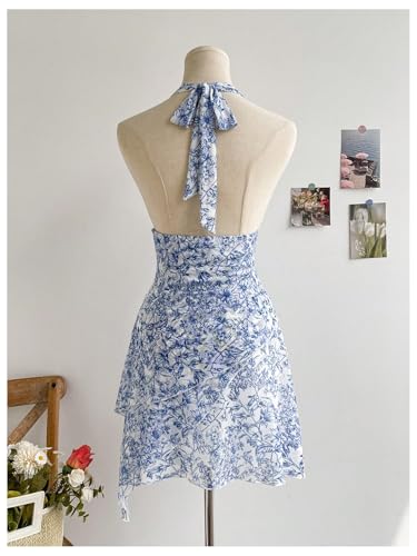 Image of BEAUDRM Women's Summer Mini Dress Halter Backless Vacation Beach Sundresses | Boho Dress, Floral Dress for Women, Vacation Beach Outfits, Going Out Dress, Brunch Outfits