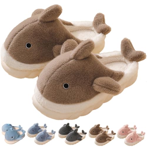 Jfxgjuv Whale Shark Slippers, Cute Whale Slides, Fuzzy Animal Slippers, Warm House Shoes for Adults Teens (Khaki,5.5-6 Women/4-4.5 Men)