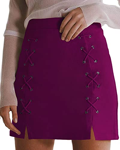 Image of MANGOPOP Women's Classic High Waist Lace Up Bodycon Faux Suede A Line Mini Pencil Skirt (Burgundy, Small)