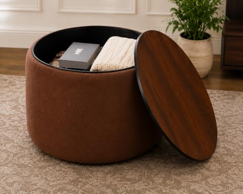 Image of Elegent Round Coffee Table with Wooden Top, Storage Ottoman Tables for Living Room, Centre Tables, Tea Tables, Farmhouse, Wood Drum Coffee Table (Brown)