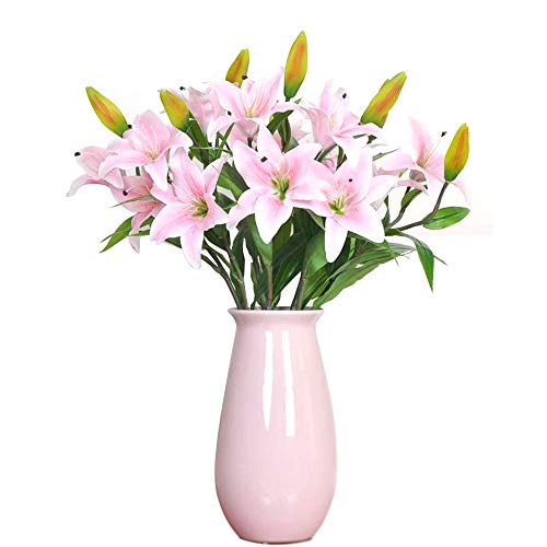 Flor Artificial Lirio, GKONG Pack de 4 Ramos Realista Flores Ramos de Aspecto Natural Lirio con 3 Flores y Ramas, Ideal Para Habitación Parte Festivales Celebración Jarrón Decoración-Rosado