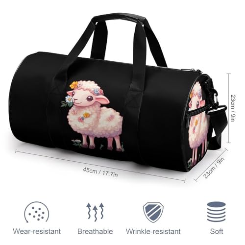 Cute Sheep with Flower Sports Gym Bag Travel Duffel Workout Bag with Adjustable Strap2