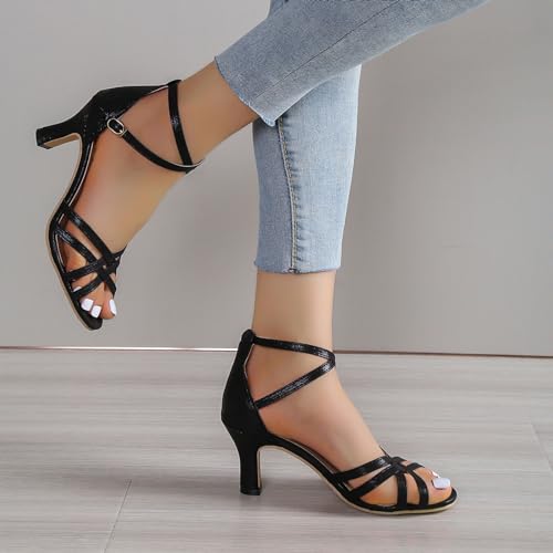 Women's Strappy High Heeled Sandals Open Toe Ankle Strap Heels Comfy Weddings Shoes Comfortable Dressy Cute Trendy Heeled Sandals Short Thick Slingback Heels2