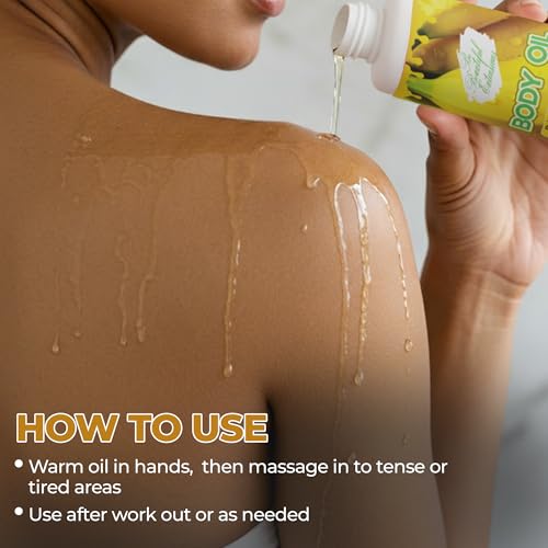 Image of Body oil designed for Deep Hydration to nourish, protect, and rejuvenate the skin while leaving it with a soft, radiant glow a banana cream scent long -lasting fragrance jojoba oil and more 6.76oz