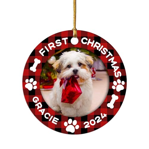 Ecautly Personalized Dog Christmas Ornaments, Custom Photo & Name 2024 Puppy First, Christmas Holiday Gifts for Dog Lovers, Pet Lovers