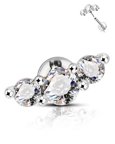 COCHARM G23 Titanium Tragus Helix Cartilage Earring Stud Flat Back 3CZ Surgical Steel Helix Cartilage Piercing Jewelry 16g Threadless Climb Helix Jewelry Push Pin Silver Lobe Stud 6mm Post