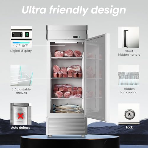Image of 27 inch Upright Commercial Freezer with 1 Solid Door, -10℉ ~ 10℉, 23 Cu.Ft Stainless Steel Reach-in Freezer,Fan Cooling Freezer with 3 Wheels for Restaurant Bar Garage, ETL and DOE Approved
