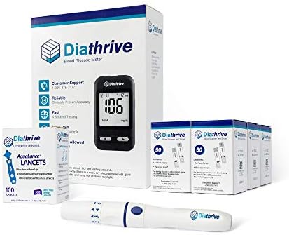 Reliable Diathrive Blood Sugar Test Kit & Blood Glucose Monitoring System – 4 Second Results! Glucometer/Glucose Meter Kit W/ 300 Glucose Test Strips – Lancing Device – 100 Lancets for Blood Testing