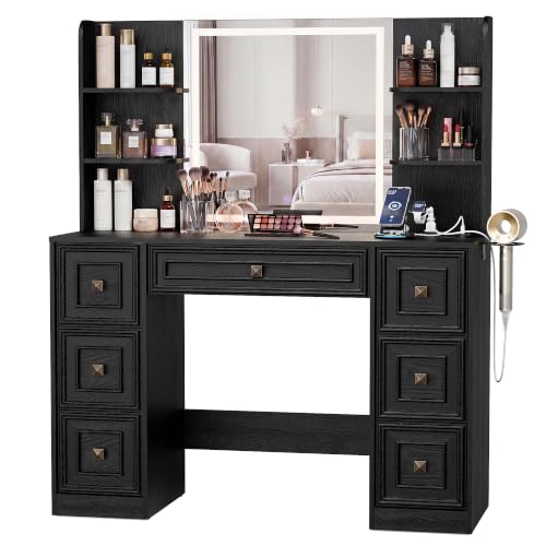 Image of YESHOMY Makeup Vanity Desk,LED Mirror,Charge Hub,Hair Tool Organizer