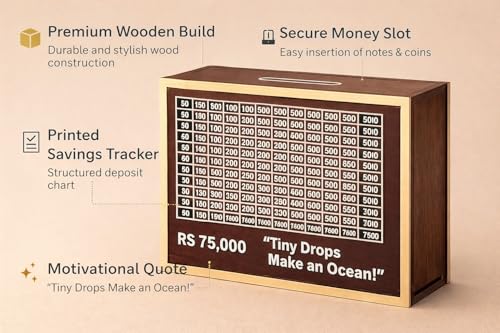 Image of Premium Wooden Money Bank with Lock - Vintage Coin Saving Box for All Ages - Ideal for Cash, Coins, Donations & Home Decor (75K Money Box, 1, Count)