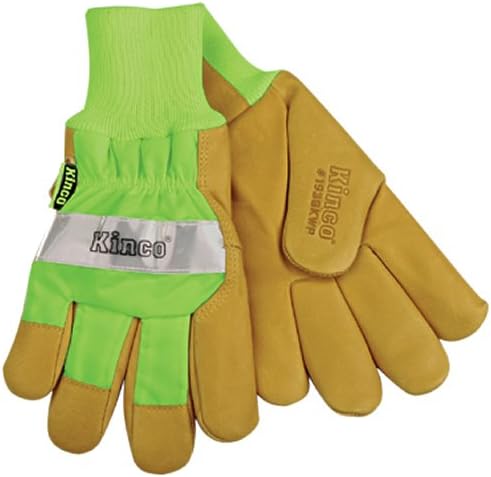 Kinco1939KWP-L Men's High Visibility Lined Pigskin Safety Cuff Gloves, Heat Keep Thermal Lining, AquaNOT Waterproof Insert, Large, Lime Green