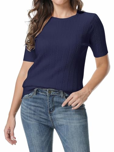 Image of SANGTREE Women's Cable Knit Half Sleeve Sweaters, Crew Neck Solid Color Knitted Summer Pullover Tops