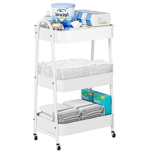 Image of Volnamal Baby Diaper Caddy Organizer, Metal Utility Diaper Cart, Multifunction Essential Newborn Baby Registry Items, Movable Changing Station/Easy Assembly, White