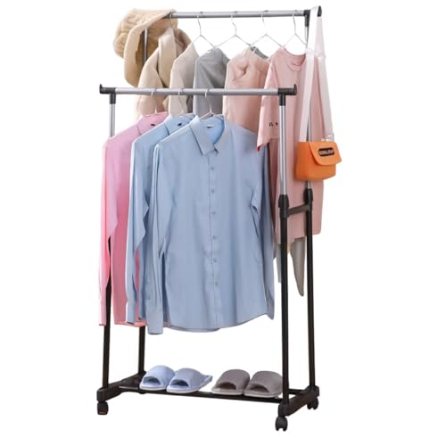 Arara de Roupas Dupla com Rodízios 2 Níveis Cabideiro Móvel para Roupas e Sapatos Preto e Cinza Premium