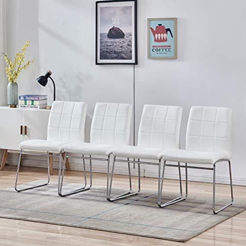 White Dining Chairs Set of 4 - Faux Leather Dining Chairs, Comfortable Dining Room Chairs Modern Kitchen Chairs with Chrome Legs for Living Room, Bedroom