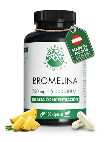 Green Naturals® Bromelaina de alta dosis – 750 mg de extracto natural de piña (5.000 GDU/g) – Cápsulas gastro-resistentes DR Caps – Vegano & analizado en laboratorio – 150 cápsulas (5 meses)