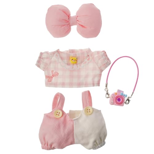 Tenue chic Labubu 17cm avec salopette rose et nœud adorable