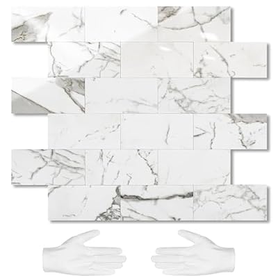 STICKGOO 10-Sheet Subway Tile Peel and Stick Backsplash, Seamless Design Glossy Carrara White Kitchen Backsplash Wall Tiles, Waterproof Stick on Tile for Bathroom, RV, Fireplace