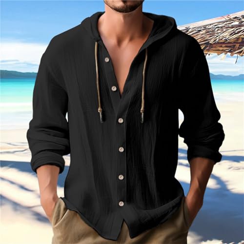 Men's 2025 Fashion Hoodie Button Down Shirts Casual Solid Color Cotton Linen Long Sleeve Hooded Cardigan Shirt2