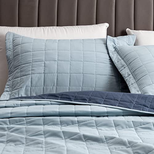 Great Bay Home 2-Piece Box Stitch Reversible Twin Quilt Set With Sham. Chambray/Indigo Bedspread Coverlet Bedding Set. Mylo Collection #TOP1