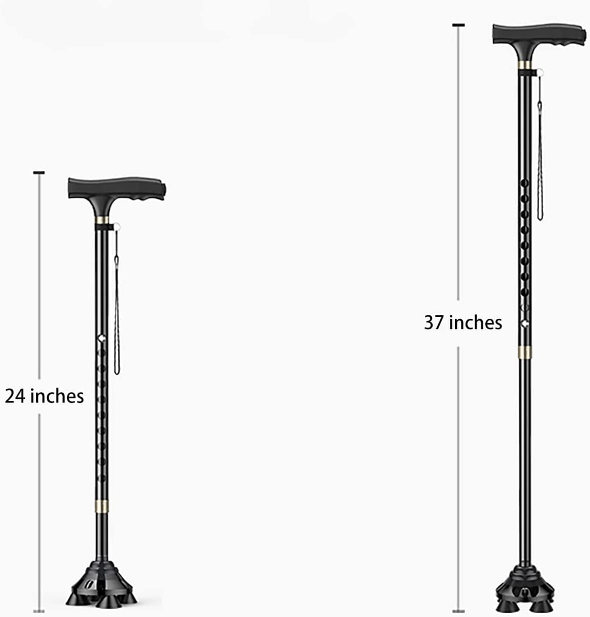 Quad Cane, wielofunkcyjne kule teleskopowe do wspinaczki górskiej dla mężczyzn i kobiet, ergonomiczny, antypoślizgowy uchwyt w kształcie litery T ze światłem LED, regulowana wysokość Mobilne n