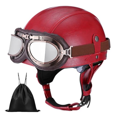 Uueybsg Casque de Moto Vintage Cuir Retro Casque Jet Casques Bols Demi Casque de Mobylette Cuir avec Lunettes Homologué ECE Casque Scooter pour Adultes Homme...