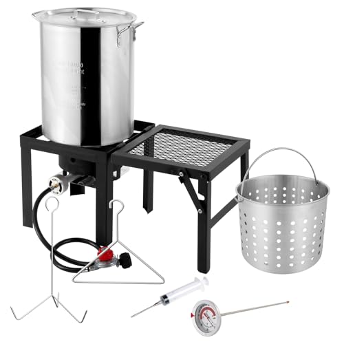 ROVSUN 30QT Turkey Fryer with Boiler Steamer Set Basket & 55000BTU Propane Burner Outdoor Deep Fryer & Seafood Crawfish Boil Pot with Thermometer Marinade Injector Turkey Rack & Rack Lifter