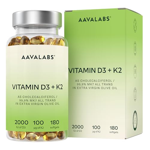 Vitamina D3 y K2 con Aceite de Oliva Virgen Extra para una Absorción Óptima (2.000 UI Vitamina D + 100 μg Vitamina K2 MK7) – 180 Cápsulas Concentradas de Vitamina D3 K2 sin OGM, Gluten o Lactosa