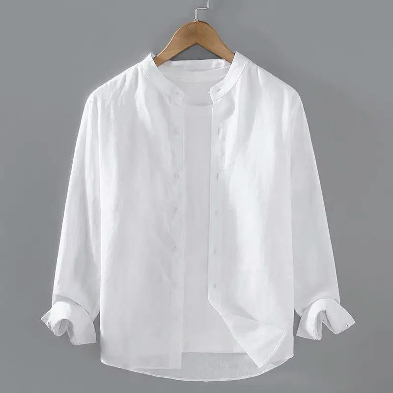 Primavera Estate Uomo Lino Maniche Lunghe Collo Alzato Allentato Versatile Camicia Alla Moda