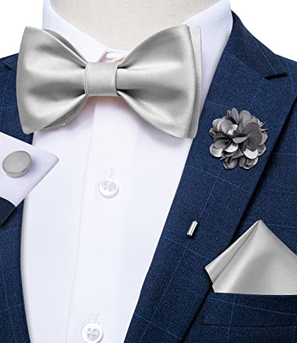 Image of DiBanGu Satin Bow tie Self-Tied Bowtie Set for Men Wedding Prom | Solid Color,Skin-Friendly,Versatile Accessory,Lapel Pin,Pocket Square,Cufflinks,School Dance,Banquet,Dinner,Celebration