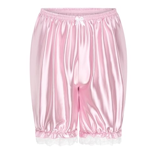 Satini Frilly Lace Sissy Ruffled Victorian Lolita Bloomer Shorts Silky Satin Pumpkin Pantaloon Pettipants (Baby Pink, XL)