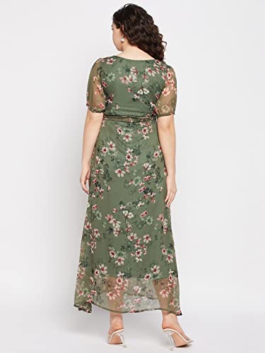 Image of SEREIN Fashfun Women's Maxi Dress (Green Floral Printed Chiffon Dress with Short Puff Sleeve)