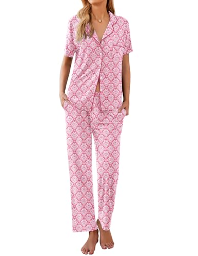 Image of Ekouaer Womens Pajamas Set Short Sleeve Button Down Top & Pants Lounge Pjs | Soft Sleepwear with long pants, ideal for Home relaxation, Wedding, Party, Daily Wear & Breastfeeding
