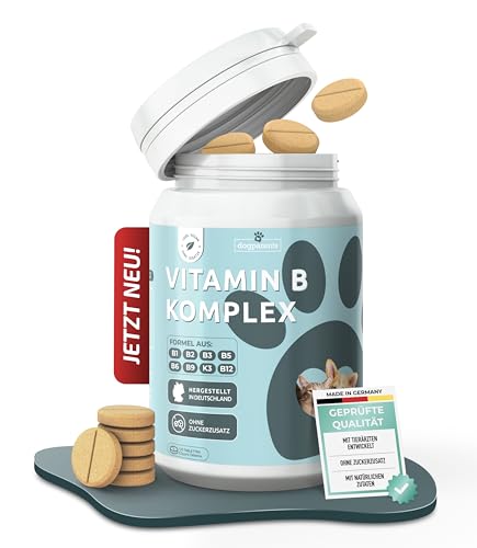 Vitamin B Komplex Hund & Katze [MADE IN GERMANY, ZUCKERFREI & LABORGEPRÜFT] Alle 8 B Vitamine für Hunde B1, B2, B3, B5, B6, B9, B12, K3 unterstützt Nerven, Energie, Fell & Immunsystem (60g (1er Pack))