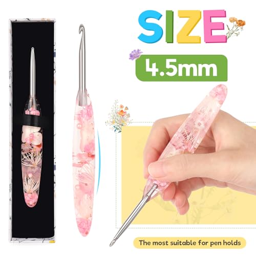 Image of Katech 4.5mm Crochet Hook for Arthritic Hands,Hand-Polished Stainless Steel | Ergonomic Crochet Hooks with Customized Sparkle Dried Floral Grip, Smooth Tapered Hook-Crochet Gift for Beginner & Crocheter