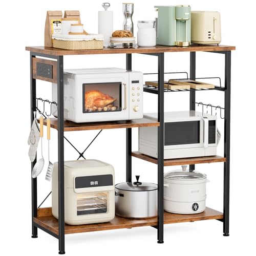 BilySen Bakers Rack, Microwave Stand with Charging Station, 5-Tier Kitchen Shelves, Storage Shelves, Pull-Out Wire Basket, Table for Microwave, Kitchen, Rustic Brown