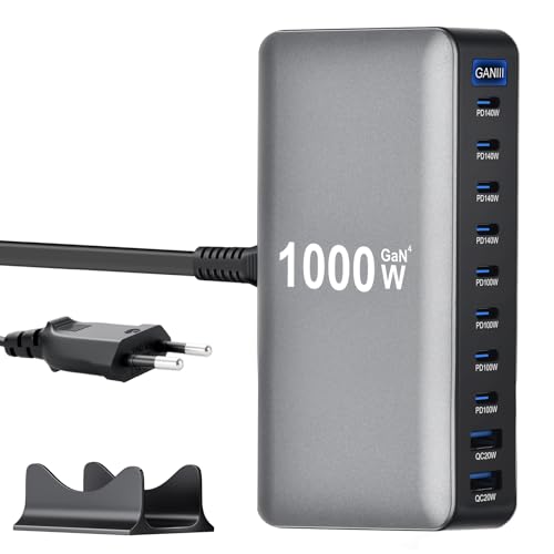 1000 W Chargeur USB C Multiple, Station de Charge PD 140 W 100 W, Chargeur Rapide à 10 Ports Chargeur GaN-III Compatible avec MacBook, iPad, iPhone séries...