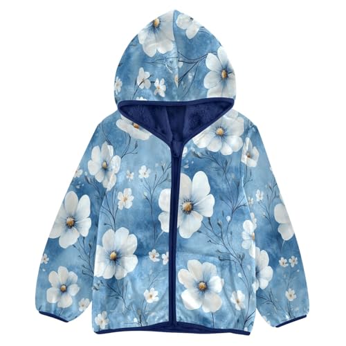 Blue Floral Pattern Print Toddler Fleece Jacket Girl Boys Hooded Fleece Jacket Coat Warm Outwear Zip-up 3-10T
